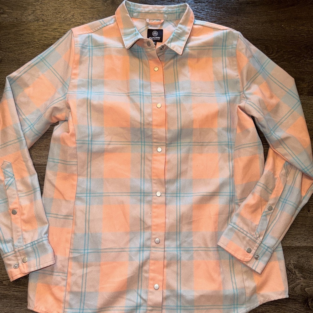 FlyLow Women XL Peach Aqua Long Sleeve Brigitte Tech Pearl Snap Flannel Shirt